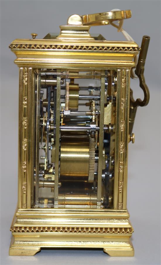 A late 19th century French hour repeating ormolu carriage clock, 6in.